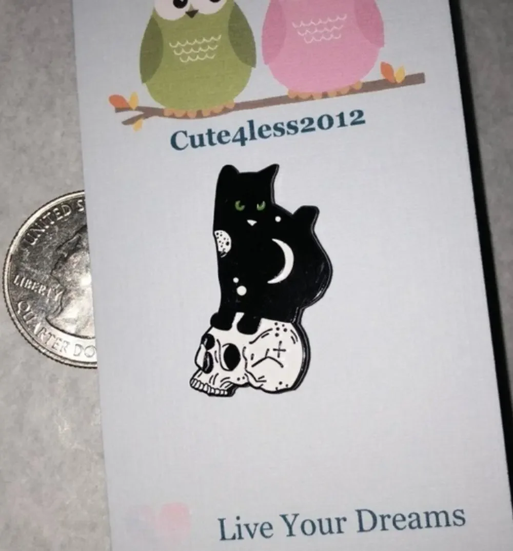 Black Cat with Skul Moon and Stars Pin Brooch